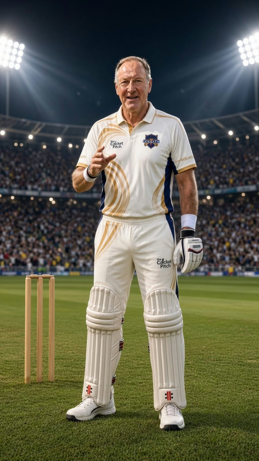 The Cricket Pitch batsman in Goliath kit under stadium lights